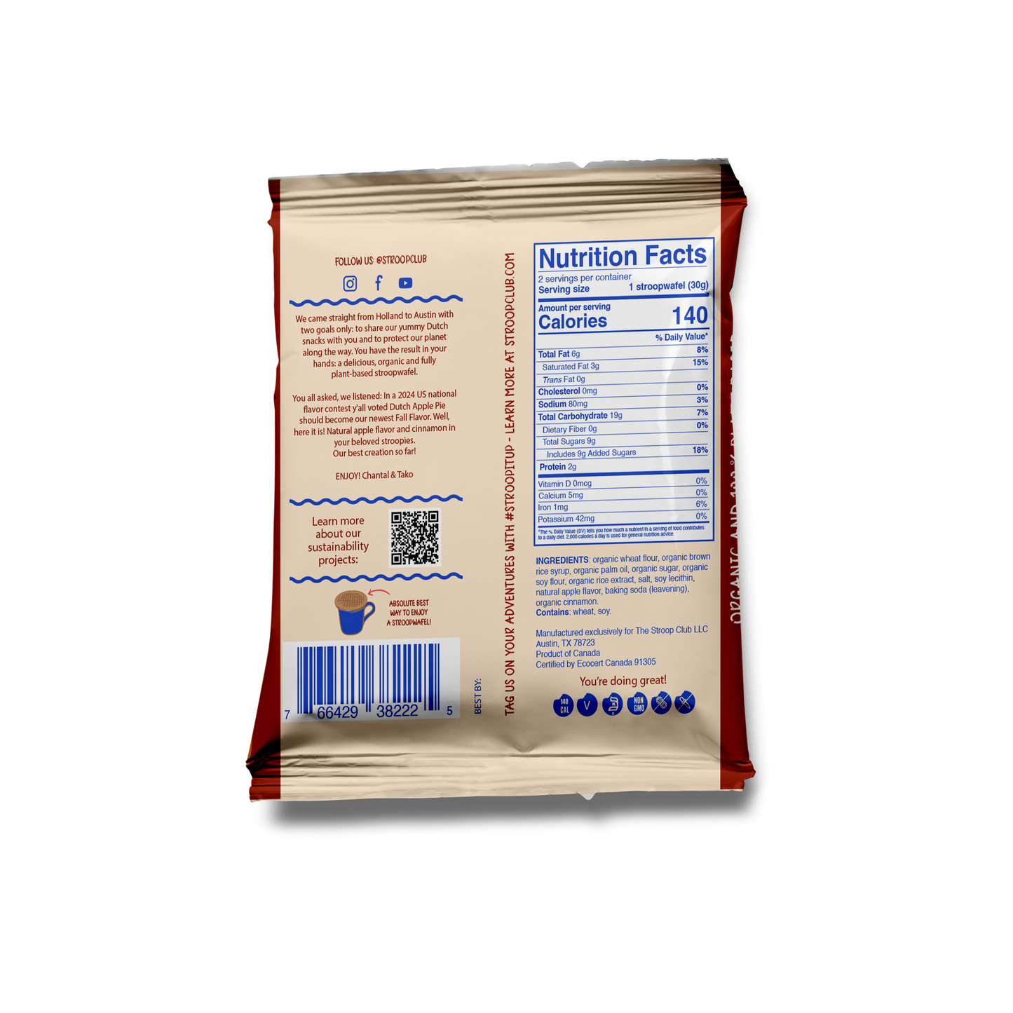 Apple Pie Caramel Plant Based and Organic Stroopwafels (box of 12x 2-pack - 24 total)