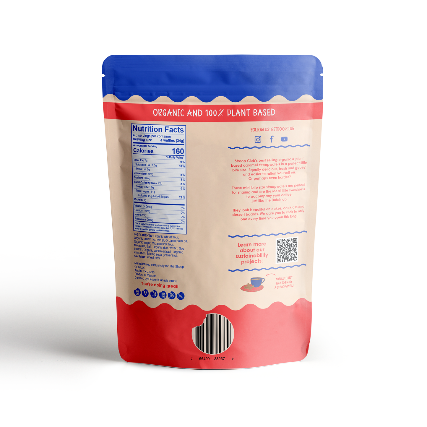 Pouch of vegan mini stroopwafels - back