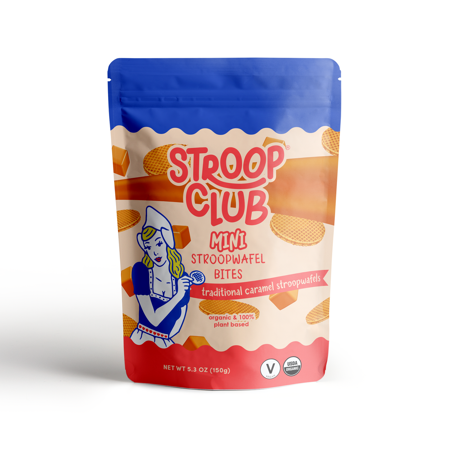 Photo of the front of a pouch of stroopwafel minis