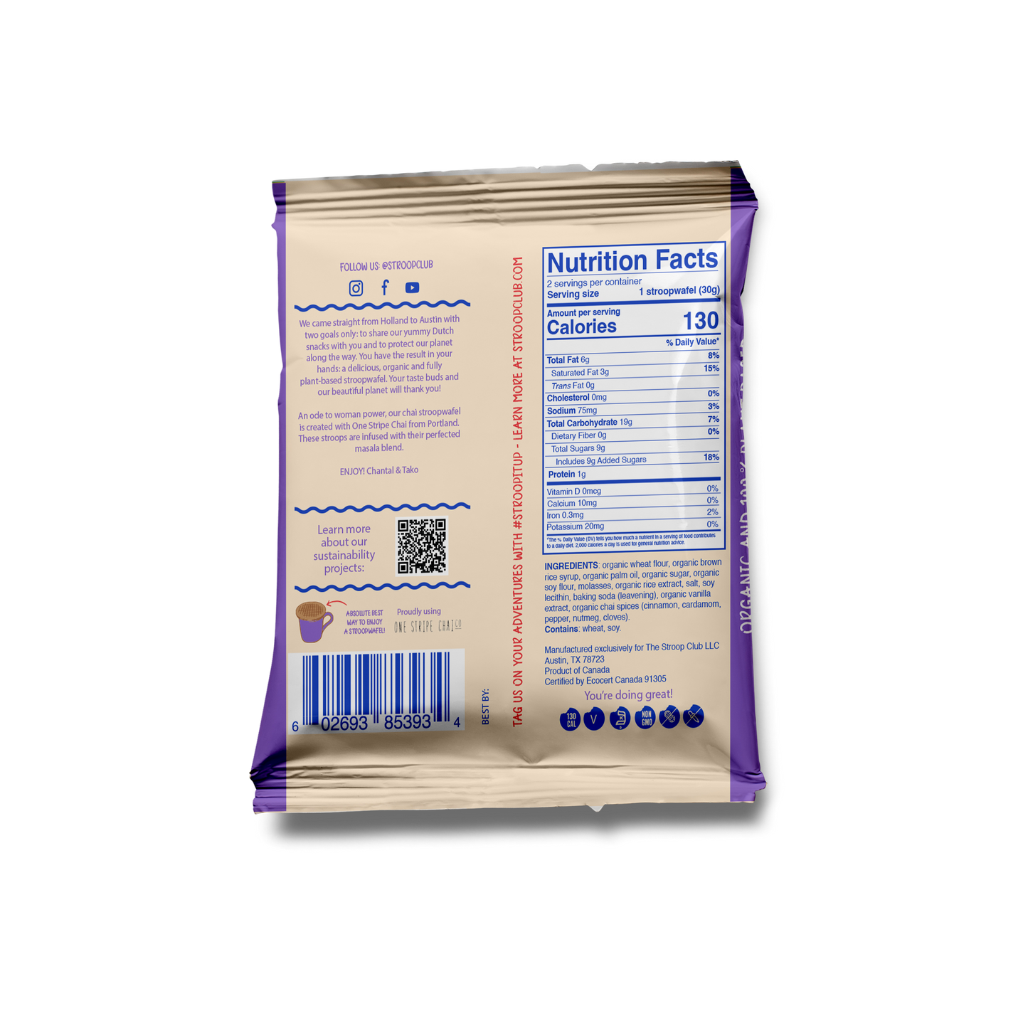 Image of back of 2-pack Chai Caramel Plant Based and Organic Stroopwafels