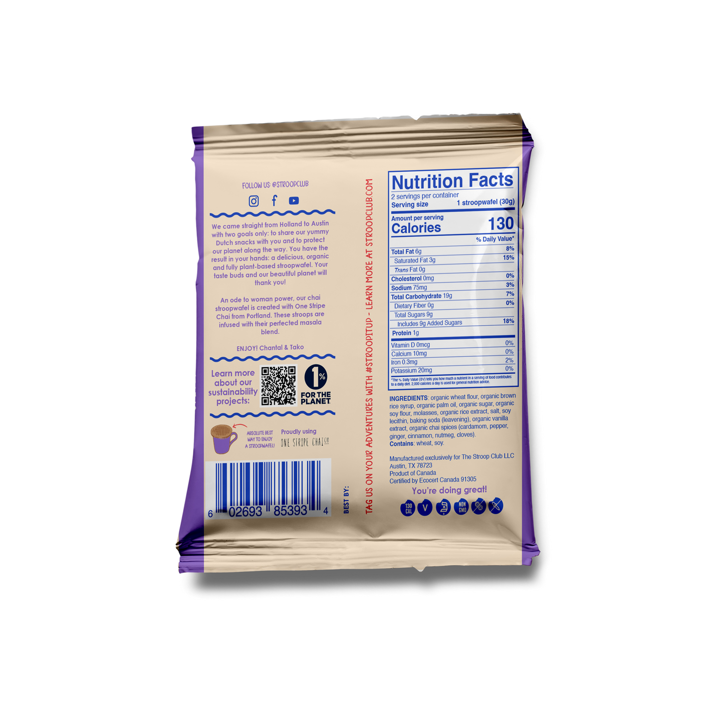 Image of back of 2-pack Chai Caramel Plant Based and Organic Stroopwafels