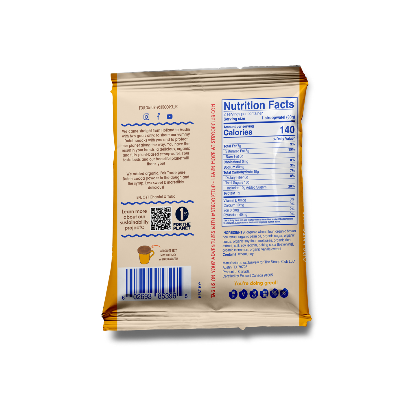 Image of back of 2-pack Chocolate Caramel Plant Based and Organic Stroopwafels