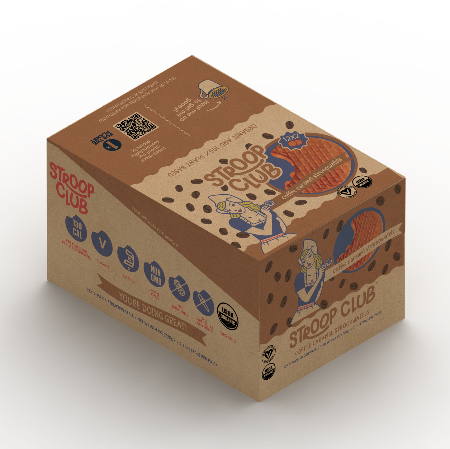 Image of box of 12 2-packs of plant based and organic coffee caramel stroopwafels