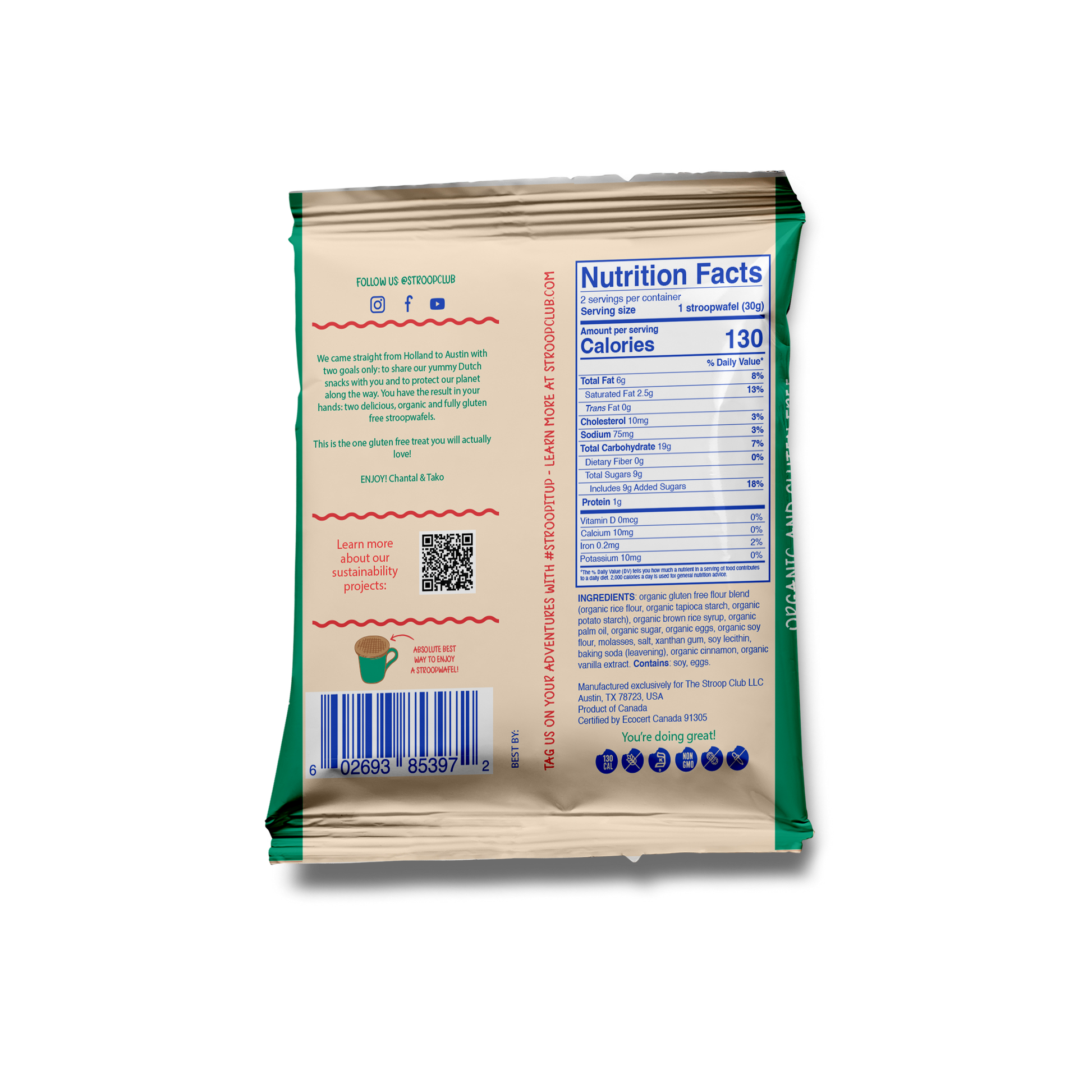 Image of the back of a 2 pack of Gluten Free and Organic Stroopwafels