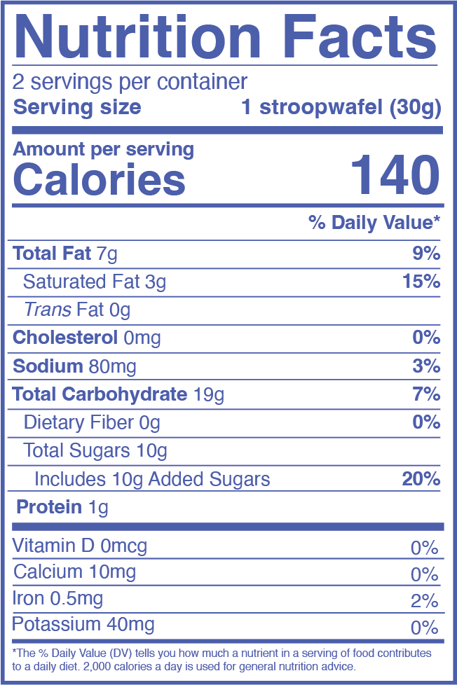 Nutrition Facts of Chocolate Caramel Plant Based and Organic Stroopwafels