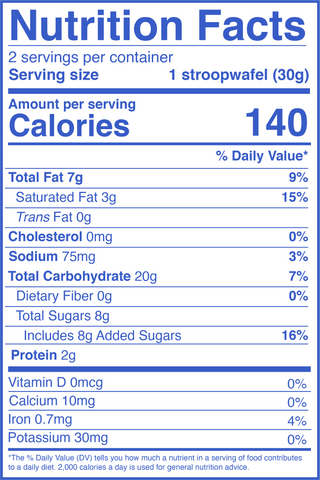 Nutrition facts of plant based and organic coffee caramel stroopwafels