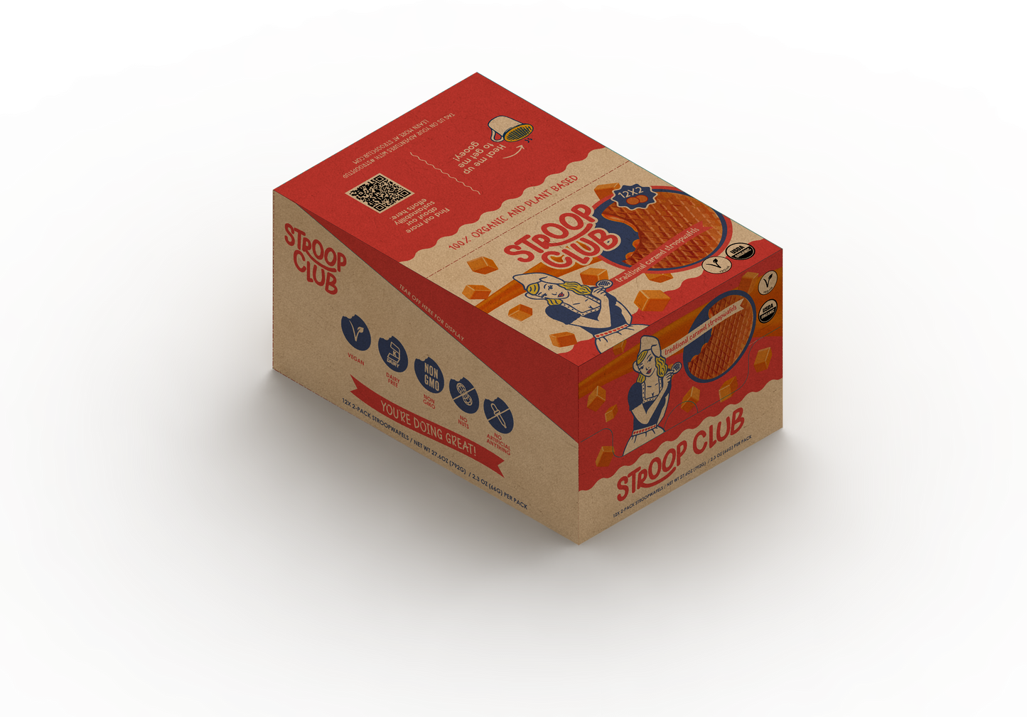 Image of a box of 12x 2 pack Traditional Caramel Organic and Pland Based Stroopwafels
