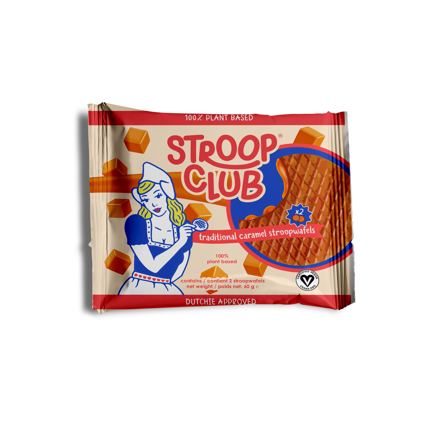 Image of a box of 12x 2 pack Traditional Caramel Organic and Pland Based Stroopwafels