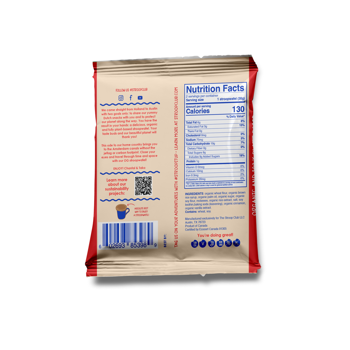 Image of the back of a 2 pack Traditional Caramel Organic and Pland Based Stroopwafels