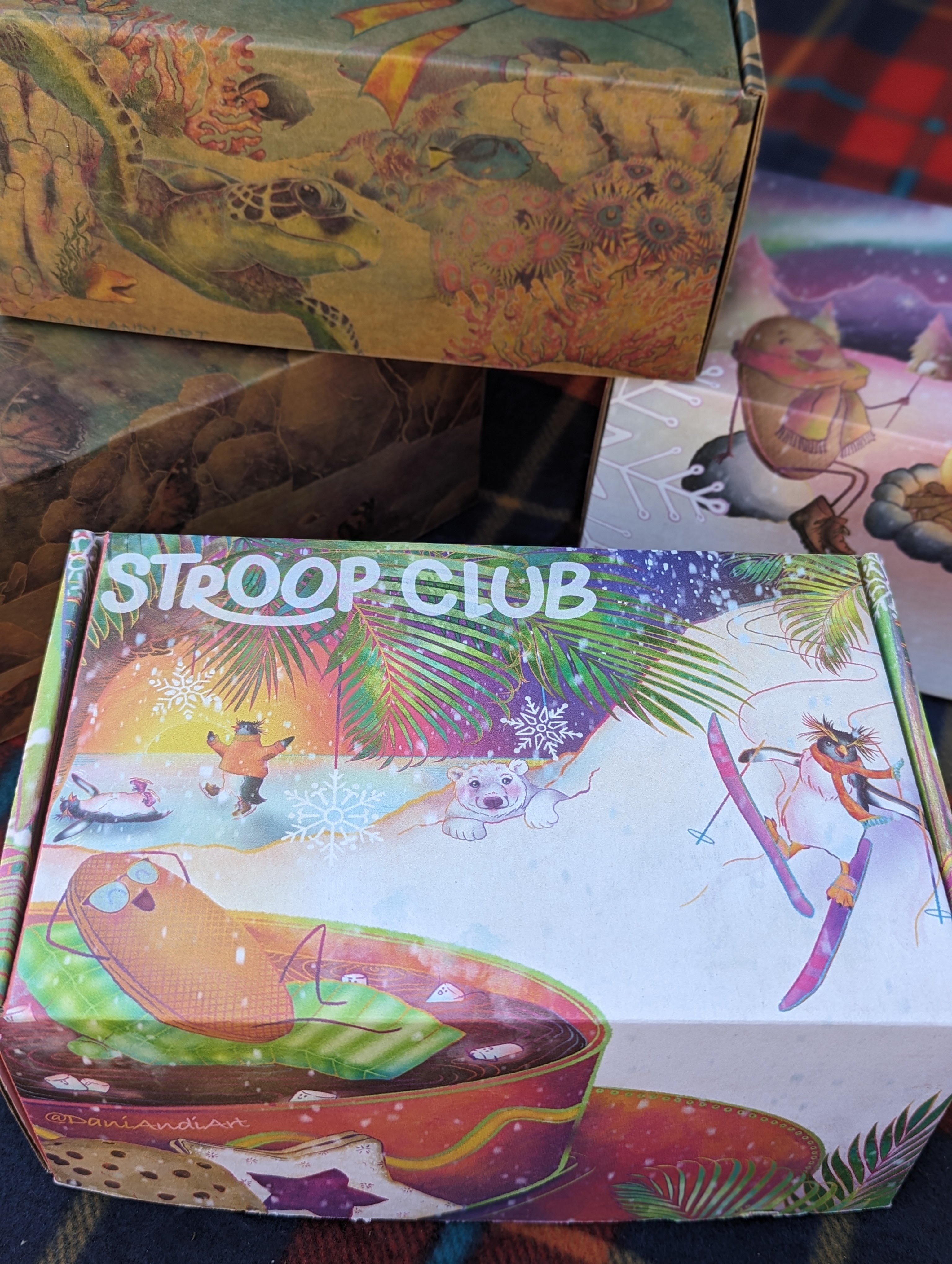 Photo of giftbox showing stroopie in a hot cup of cacao