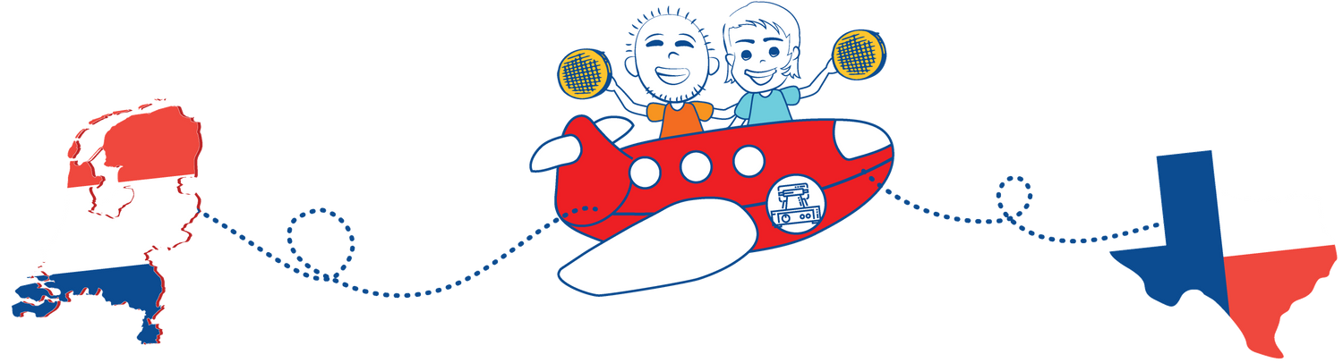 Illustration showing Chantal and Tako, the owners, in a plane holding a stroopwafel moving from NL to US.