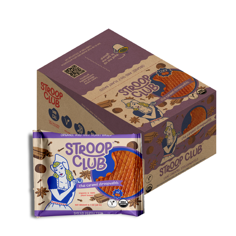 Image of box of 12-count Chai Caramel Plant Based and Organic Stroopwafels and a 2-pack