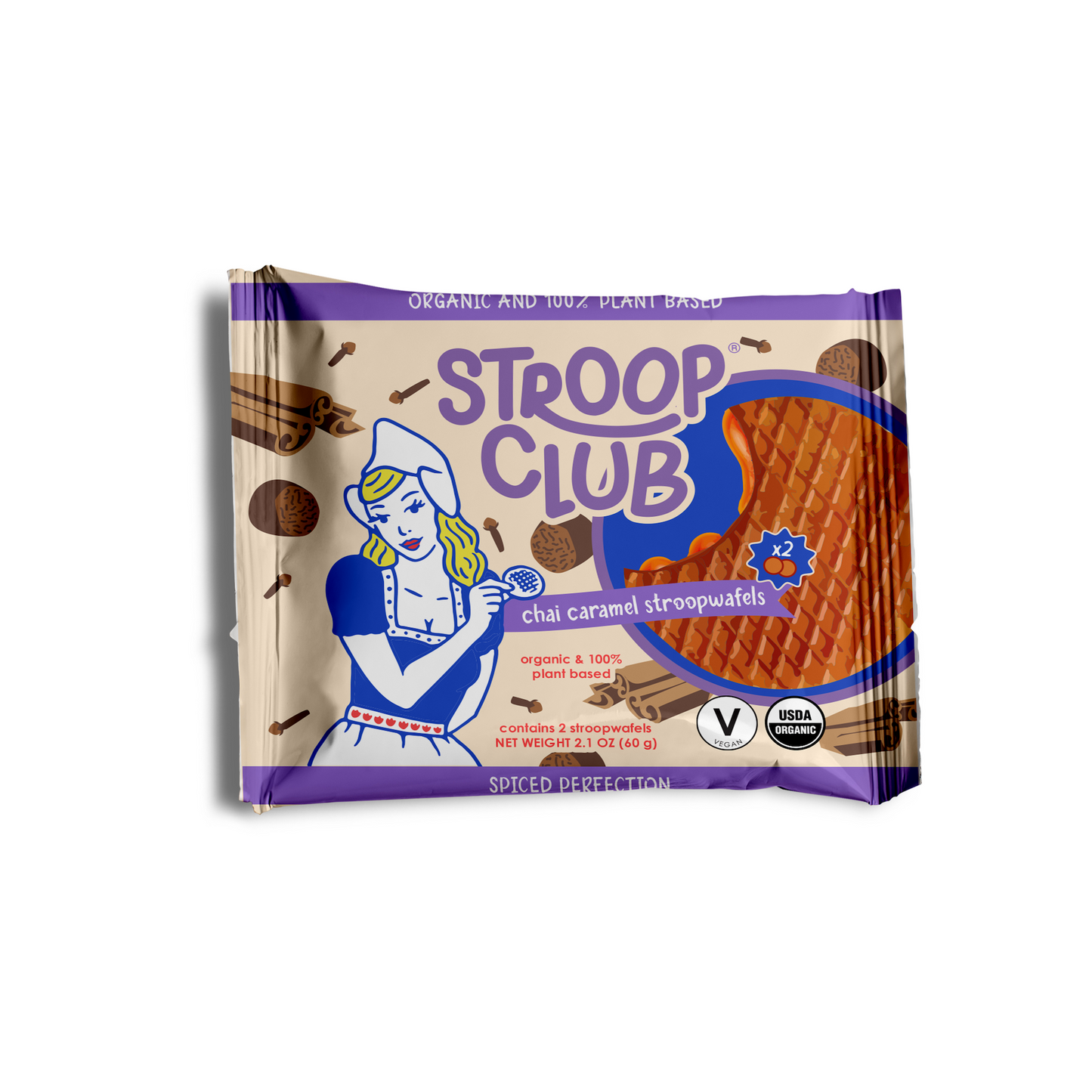 Image of front of 2-pack Chai Caramel Plant Based and Organic Stroopwafels