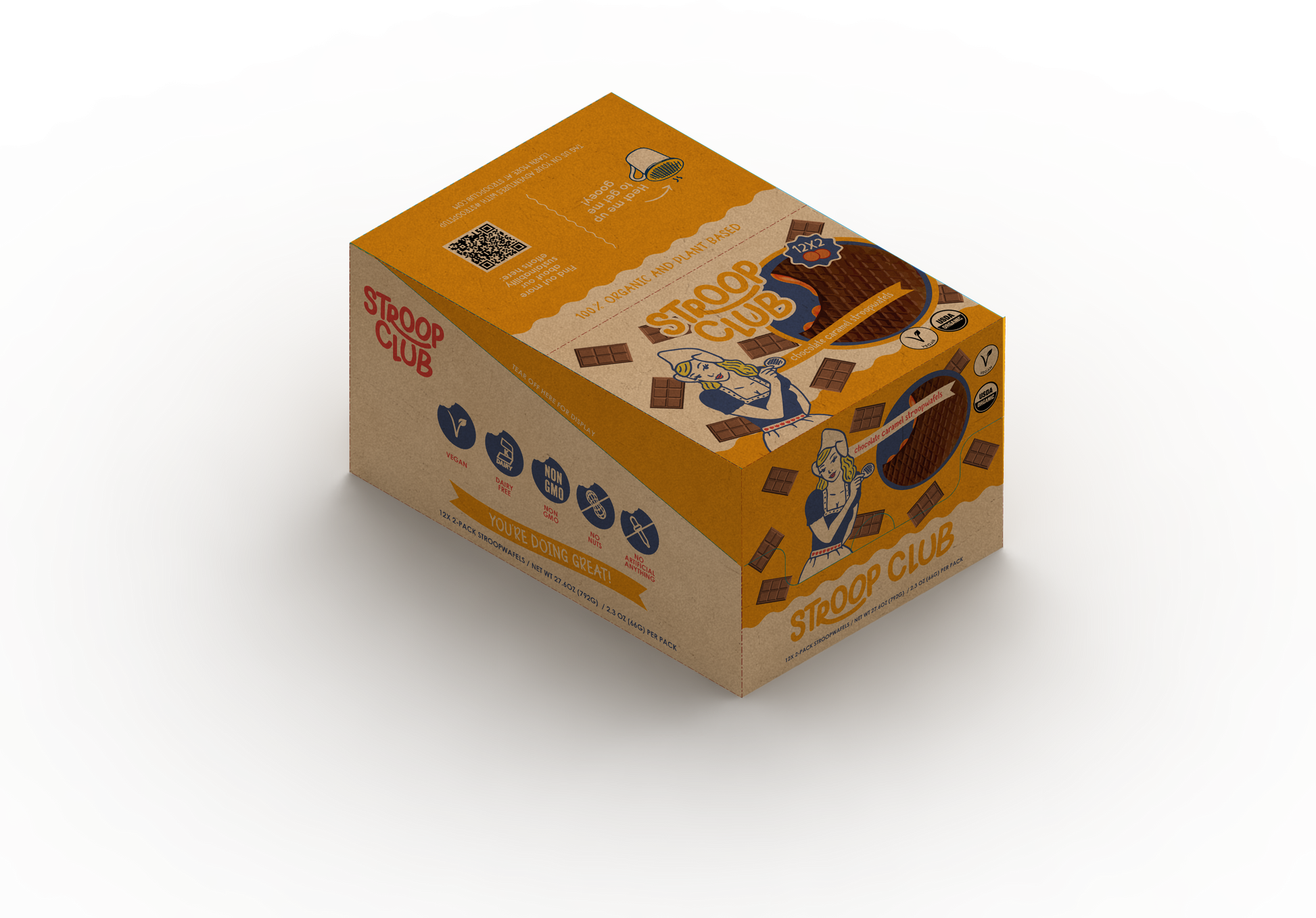 Image of box of 12 packs of Chocolate Caramel Plant Based and Organic Stroopwafels