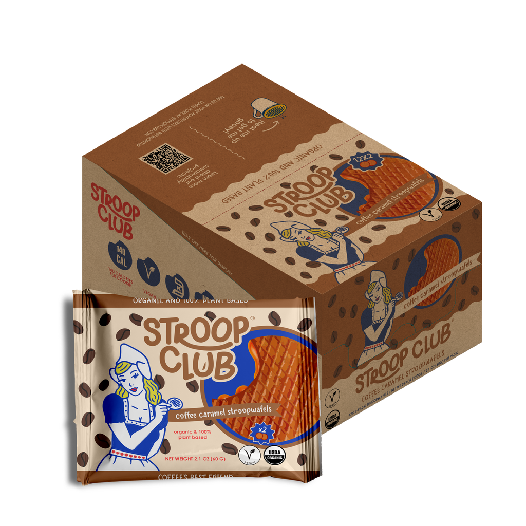 Image of box and 2-pack of plant based and organic coffee caramel stroopwafels