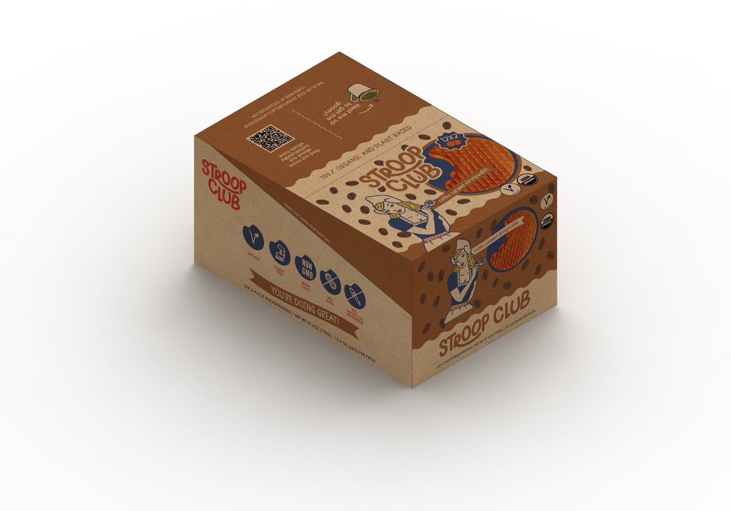 Image of box of 12 2-packs of plant based and organic coffee caramel stroopwafels