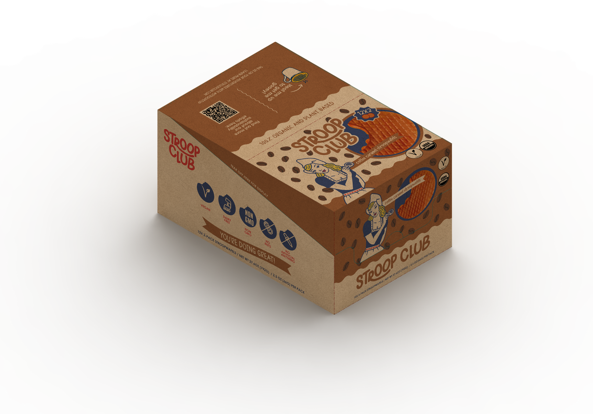Image of box of 12 2-packs of plant based and organic coffee caramel stroopwafels