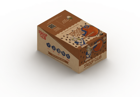 Image of box of 12 2-packs of plant based and organic coffee caramel stroopwafels