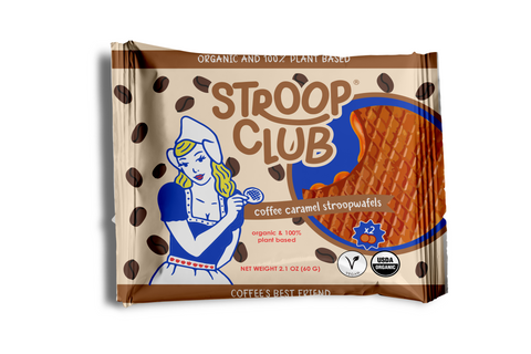 Image of front of 2-pack of plant based and organic coffee caramel stroopwafels