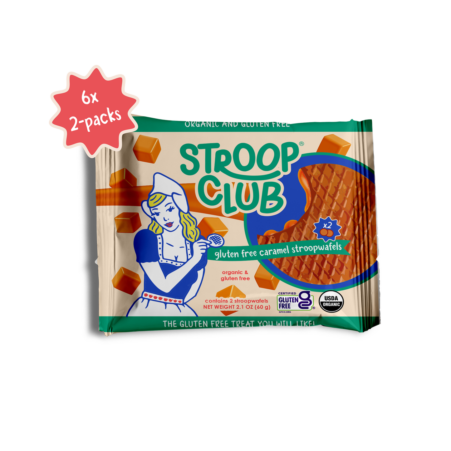 Image of front of 2-pack Gluten Free Caramel Organic Stroopwafels 