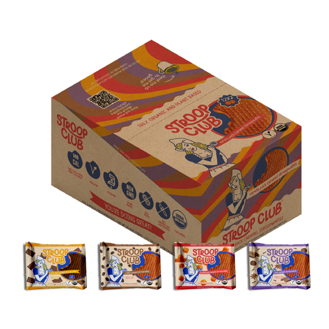 Image of a box of 12 2-pack stroopwafels with single 2-packs (chocolate, chai, traditional and coffee flavor)