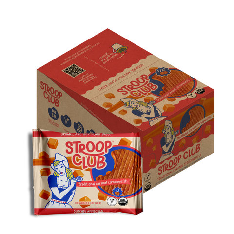 Image of a box of 12x 2 pack Traditional Caramel  Organic and Pland  Based Stroopwafels